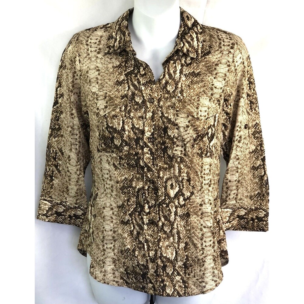 Zac & Rachel Top PS Brown Snake Button Up 3/4 Sleeve Pocket Boho Career Abstract